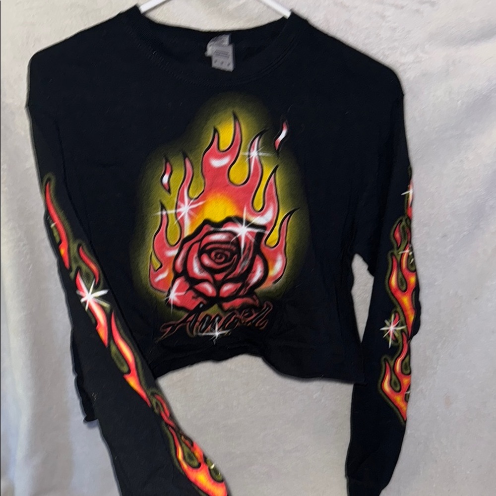 Black Long Sleeve Shirt with Flame and Rose Design